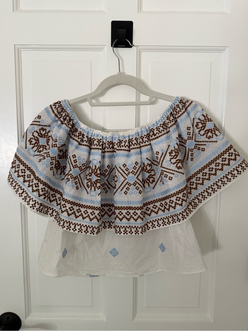 Misa Los Angeles White Off-Shoulder Blouse with Light Blue & Brown Embroidery